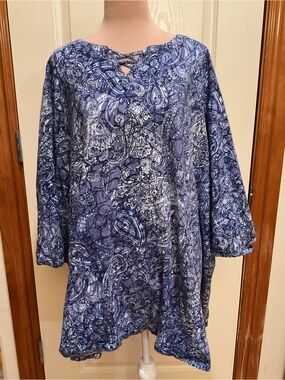 Catherines Blue Paisley Lattice Detail 3/4 Sleeve Tunic 30W 32 W 4X